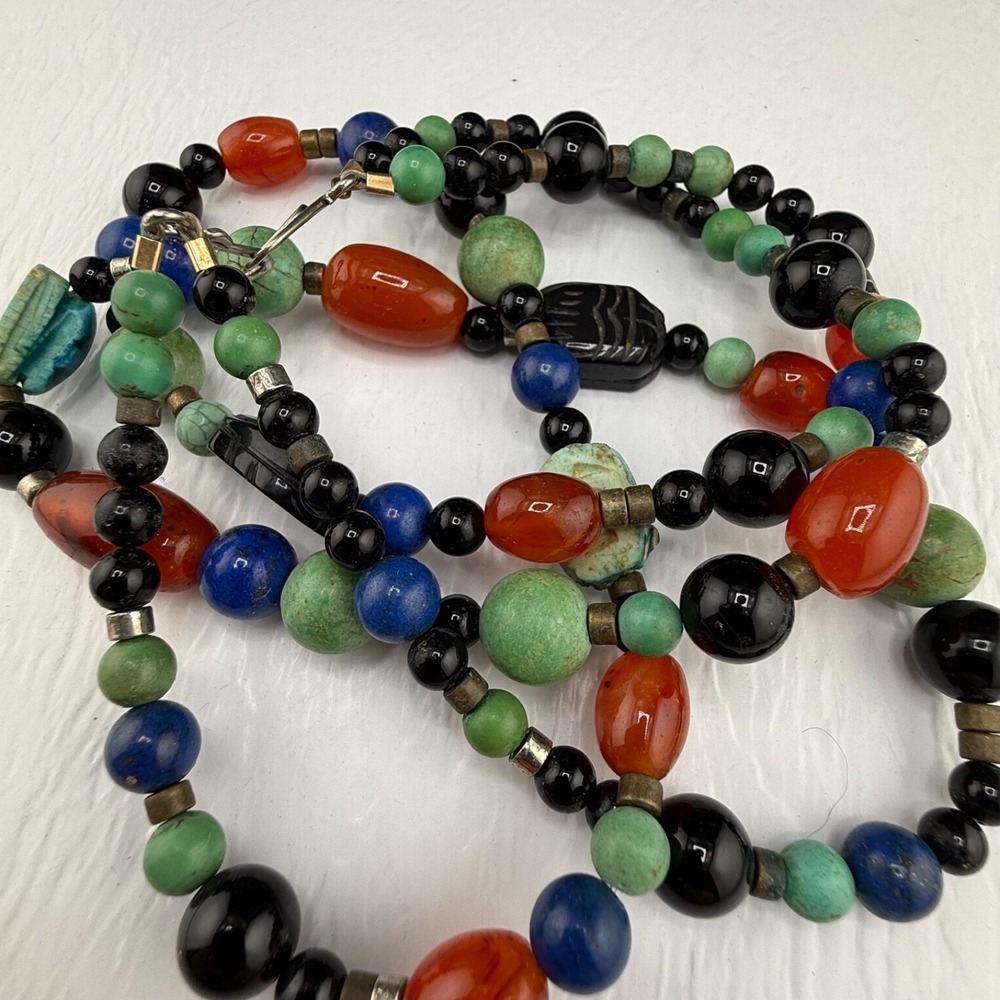 Vintage Estate Necklace Multicolor Polished Stone Beaded Layered Scarab 19"